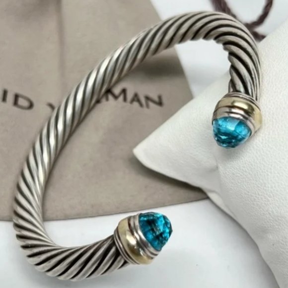 David Yurman 5mm Blue Topaz Cable Cuff Bracelet 14K Gold